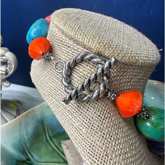 VTG Sterling Silver Multi- Genuine Stone Southwest Chunky Necklace 18” - Picture 2 of 4